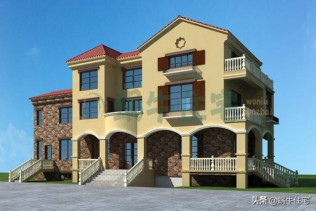 帶電動地下室的西班牙風三層小樓設計圖，高端古典，越看越喜歡。