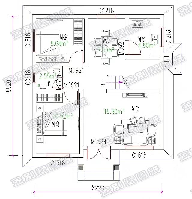 8.22米x8.92米經典二層農村自建房，復式客廳，外形小巧精致。