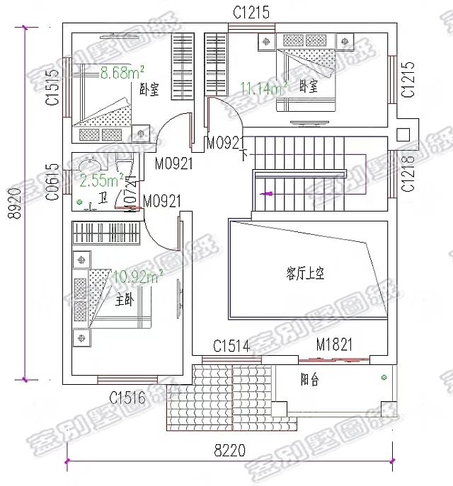 8.22米x8.92米經典二層農村自建房，復式客廳，外形小巧精致。