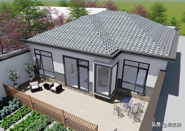 11.2m×12.5m北京一層現(xiàn)代別墅設(shè)計圖，造價21萬，落地窗大平臺真舒服