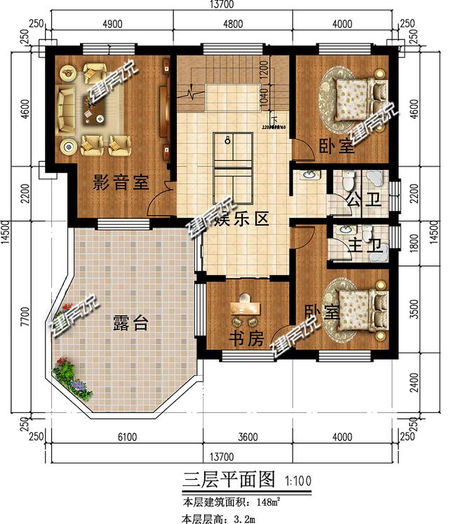 三層新型別墅，帶有挑空客廳和旋轉樓梯，時尚大氣。