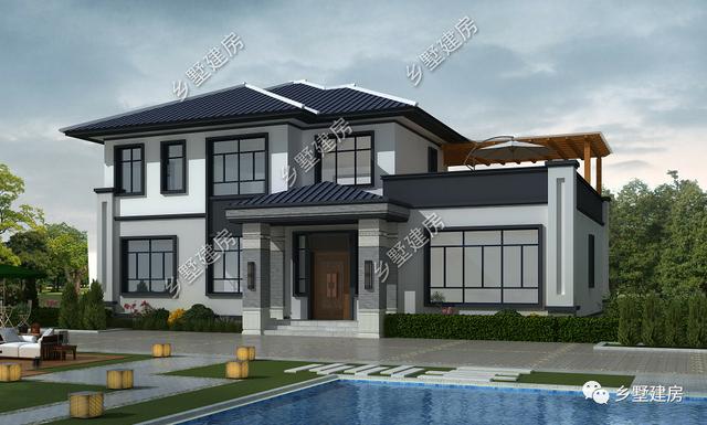 17.74X11.54米新中式二層別墅設計圖，帶泳池+庭院+露臺。