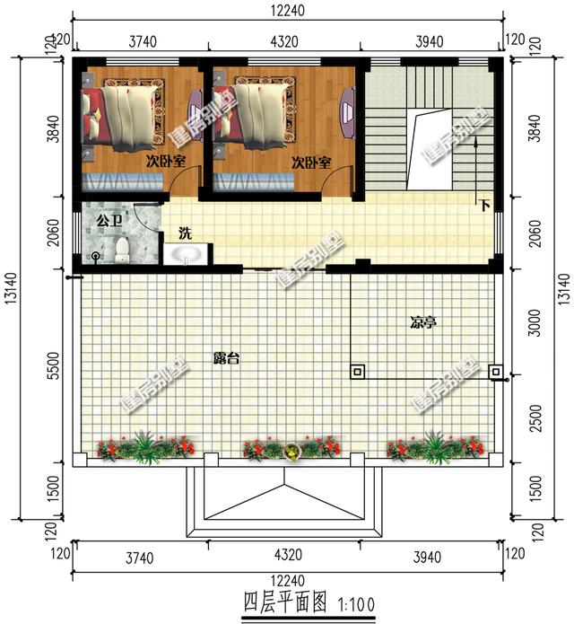 帶涼亭的四層農村別墅設計圖，在大露臺，內配11間臥室，業主嫌太少了。
