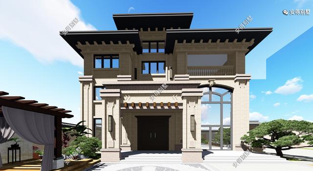 經典耐看的三層歐式別墅設計圖，寬敞大氣，帶庭院、大客廳、大車庫、大露臺，臥室套房。