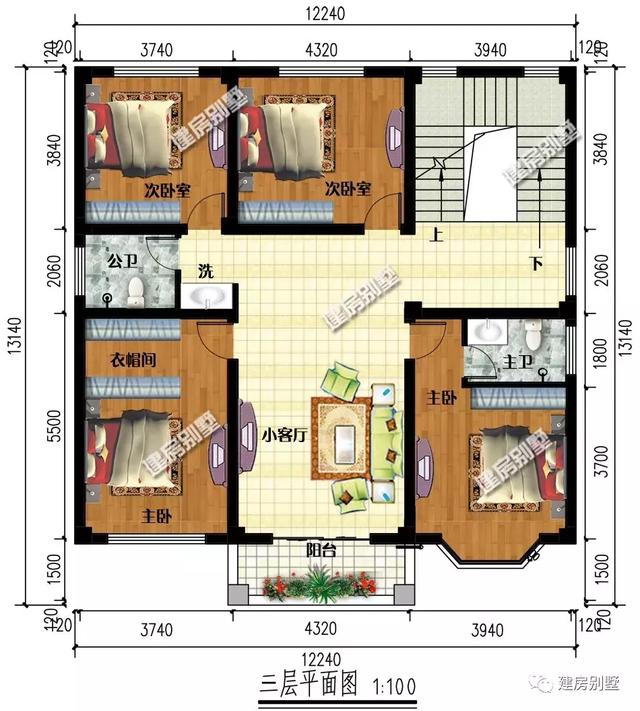 簡約且氣派的四層農村別墅戶型，室內臥室多，配置也齊全。