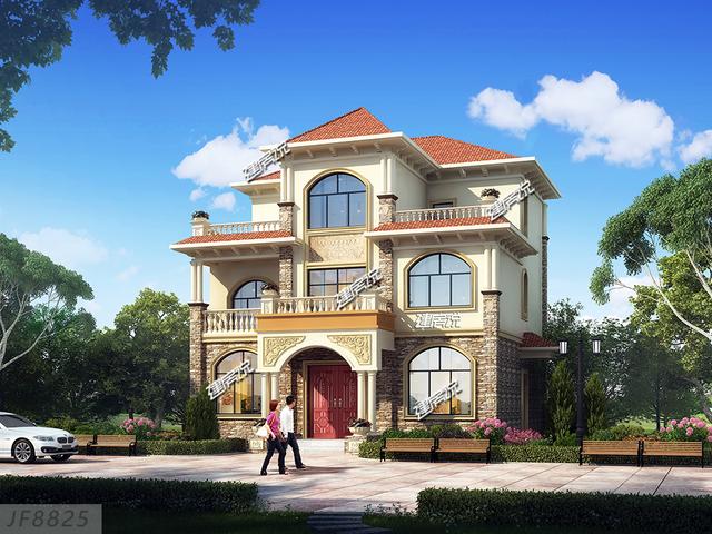 占地面積140米的三層歐式別墅設計圖，戶型方正，適合農村自建。