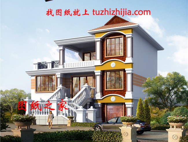 泰式風格三層小別墅設計圖,帶車庫和大露臺