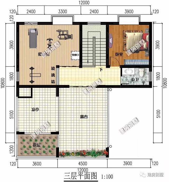 新中式風格農村別墅設計圖，12×10.8米配健身房和車庫