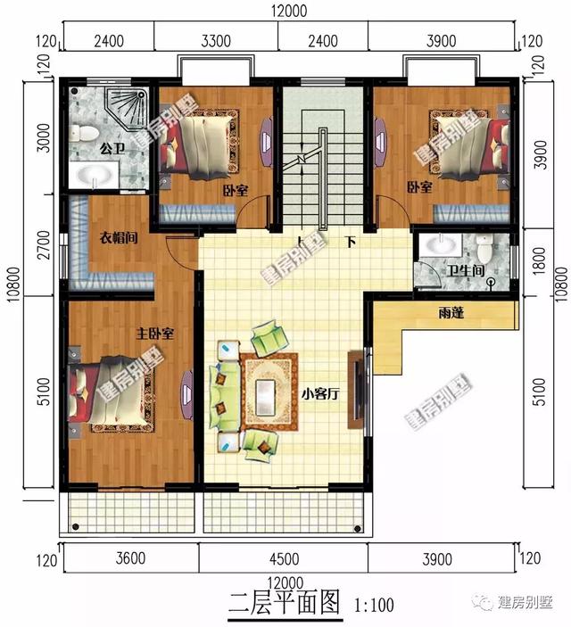 新中式風格農村別墅設計圖，12×10.8米配健身房和車庫