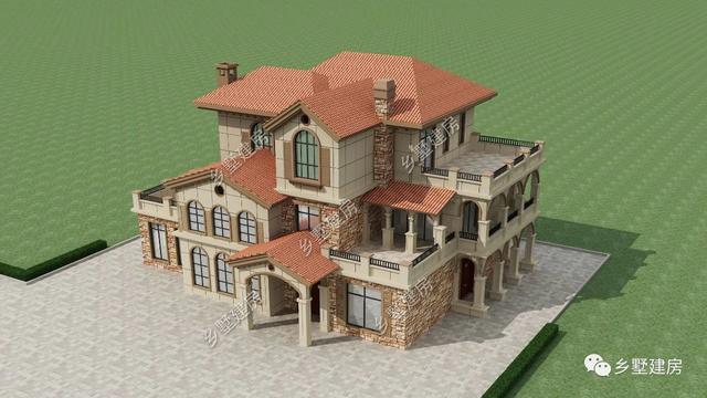 造型別致，立面豐富的三層坡屋頂自建別墅設計圖，超適合農村生活