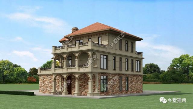 造型別致，立面豐富的三層坡屋頂自建別墅設計圖，超適合農村生活