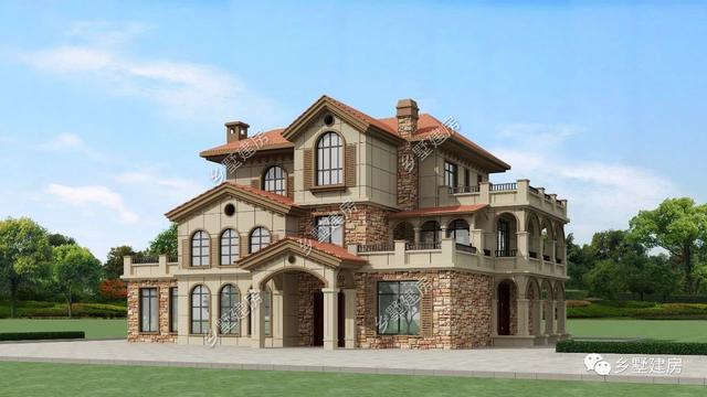 造型別致，立面豐富的三層坡屋頂自建別墅設計圖，超適合農村生活