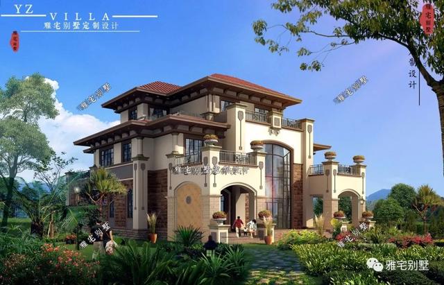 廣東三層歐式別墅設(shè)計(jì)圖，18x20米，挑空客廳，大露臺(tái)