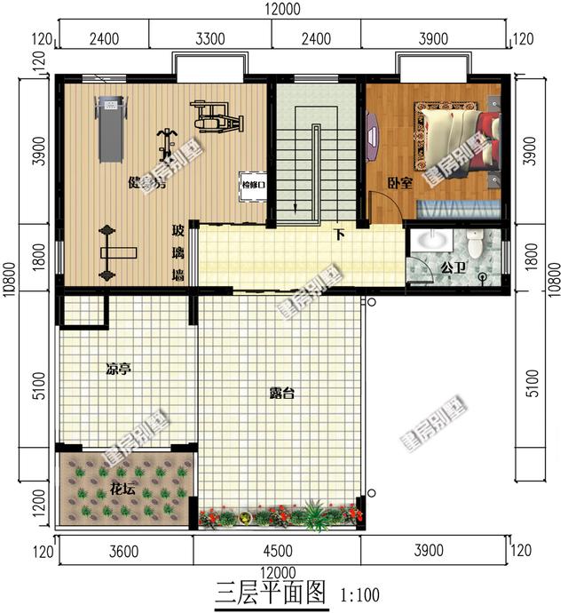 12x10.8新中式三層別墅設(shè)計(jì)圖，占地115平，頂層帶花壇，一層帶內(nèi)院車庫(kù)，