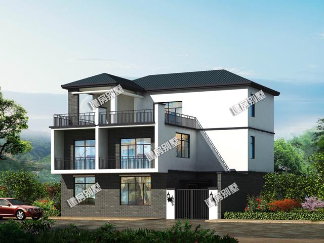 12x10.8新中式三層別墅設(shè)計(jì)圖，占地115平，頂層帶花壇，一層帶內(nèi)院車庫(kù)，