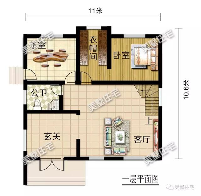 現代風別墅設計圖又出新款，占地116平帶挑高客廳和茶室，廚房另建