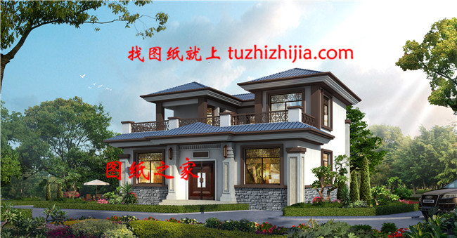 20萬左右新中式二層別墅設計圖，對稱設計，頂層大露臺