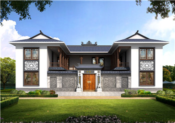 高端大氣中式四合院二層別墅小樓設計圖，外觀古香古色