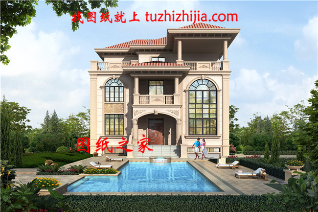 農村三間三層別墅設計圖，外觀造型色彩清新淡雅