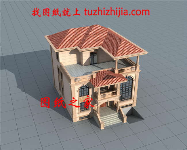 農村三間三層別墅設計圖，外觀造型色彩清新淡雅