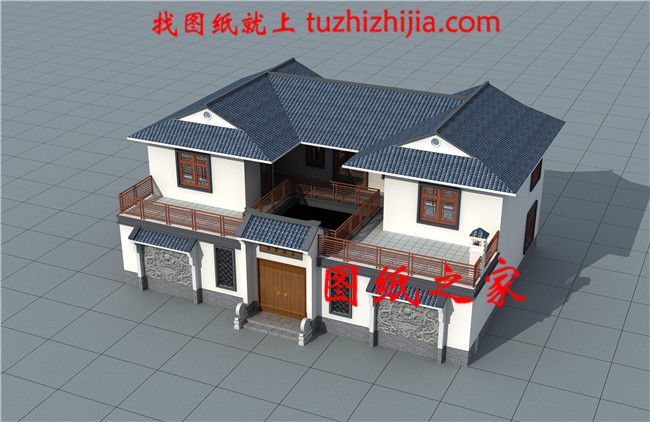 兩層新中式別墅，對稱設(shè)計(jì)，頂層大露臺