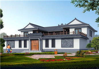 帶庭院中式二層四合院別墅設計效果圖片，方方正正