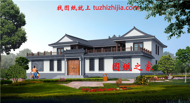 23X23米帶庭院中式二層四合院別墅設計效果圖片