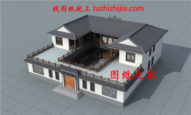 23X23米帶庭院中式二層四合院別墅設計效果圖片