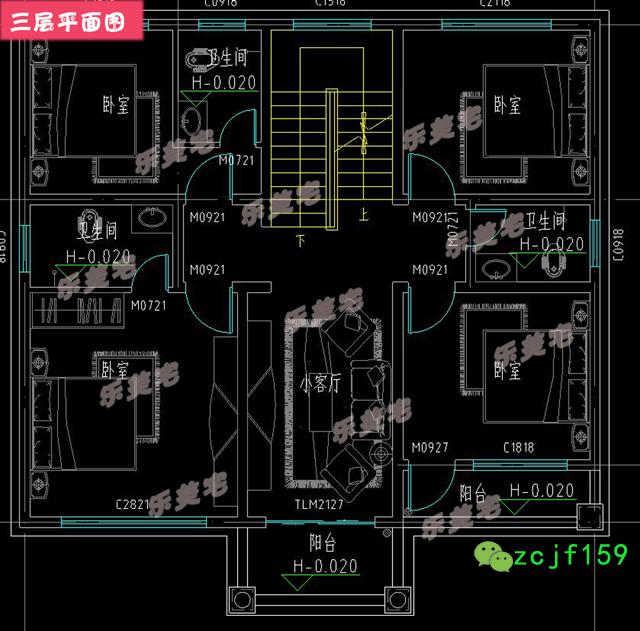 分享一款帶躍層設計的四層別墅戶型圖，農村、鄉鎮上都適合建筑