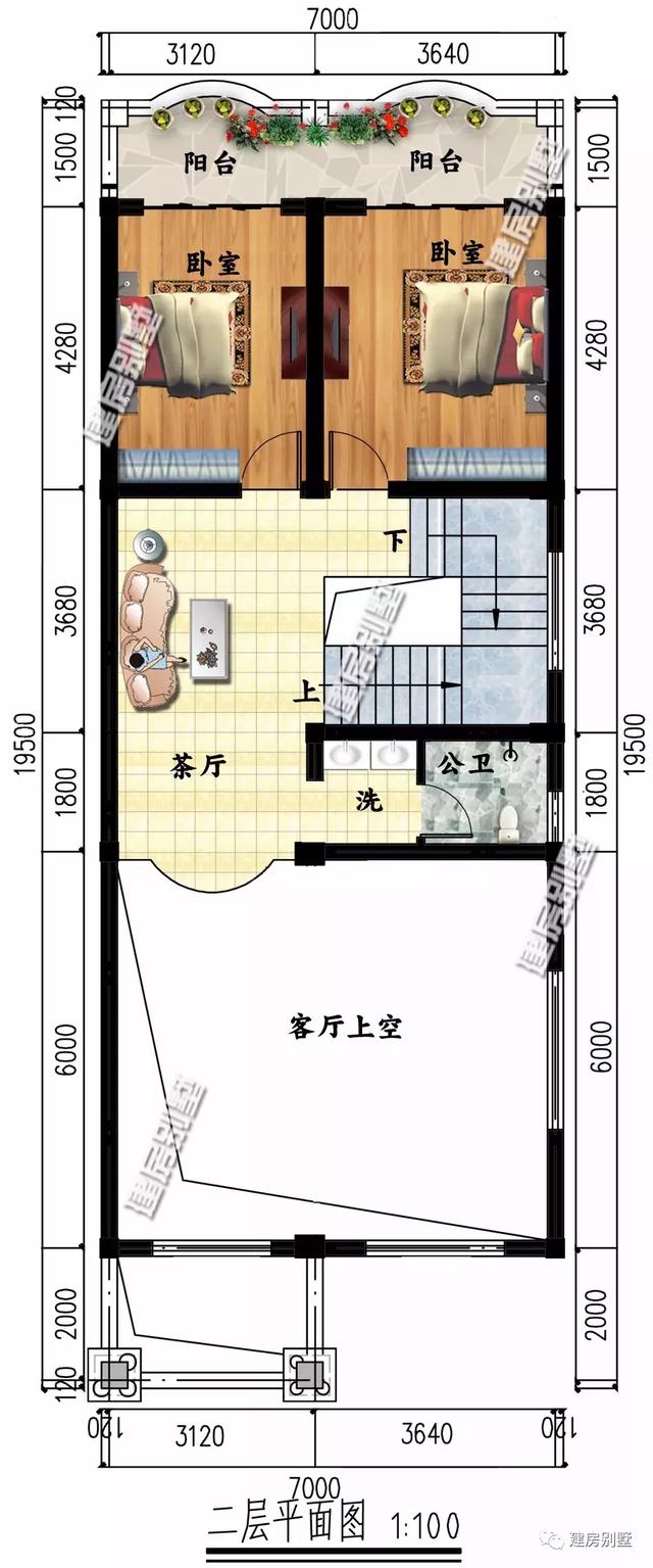 造價33萬左右寬7×18米農(nóng)村別墅設(shè)計圖，外觀是平屋頂戶型