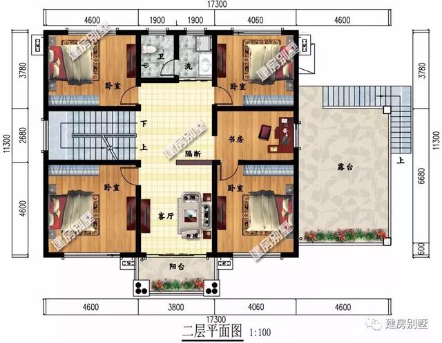 開間17.3×11.3米農村別墅設計圖，室外設有大露臺和較小的觀景式涼亭，涼亭處也可滿足下雨天的晾曬需要。