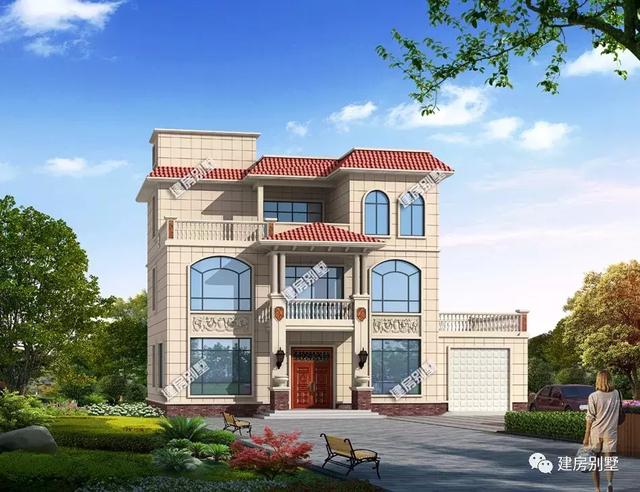 開間17.3×11.3米農村別墅設計圖，室外設有大露臺和較小的觀景式涼亭，涼亭處也可滿足下雨天的晾曬需要。