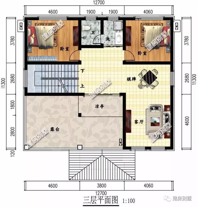 開間17.3×11.3米農村別墅設計圖，室外設有大露臺和較小的觀景式涼亭，涼亭處也可滿足下雨天的晾曬需要。