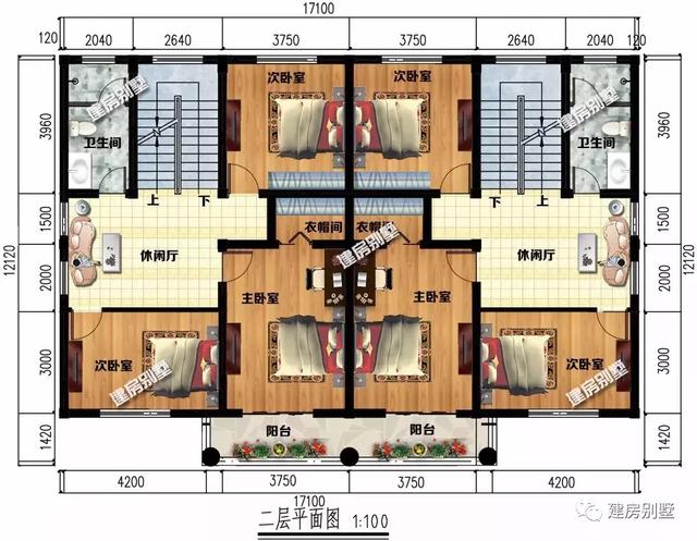 四開間設(shè)計的三層雙拼別墅設(shè)計圖，兩戶家庭都有各自的獨立生活區(qū)域，又能保持一定的聯(lián)系性