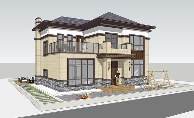 簡單實用造價不高的農村二層別墅設計圖，坐北朝南的庭院，南北通過主體建筑劃分為前后庭院。