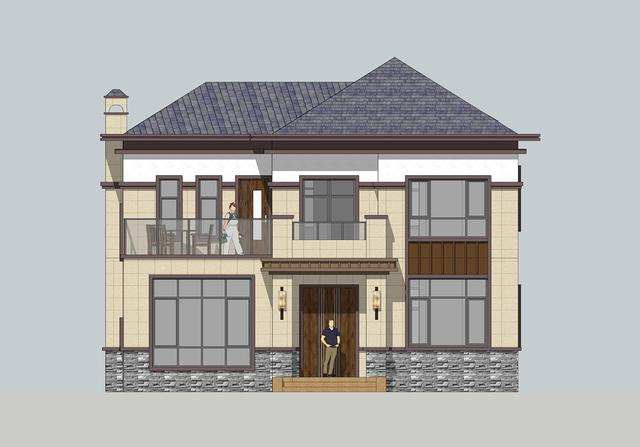 簡單實用造價不高的農村二層別墅設計圖，坐北朝南的庭院，南北通過主體建筑劃分為前后庭院。