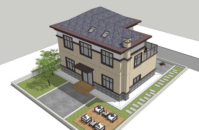 簡單實用造價不高的農村二層別墅設計圖，坐北朝南的庭院，南北通過主體建筑劃分為前后庭院。