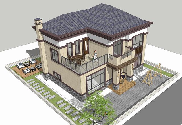 簡單實用造價不高的農村二層別墅設計圖，坐北朝南的庭院，南北通過主體建筑劃分為前后庭院。