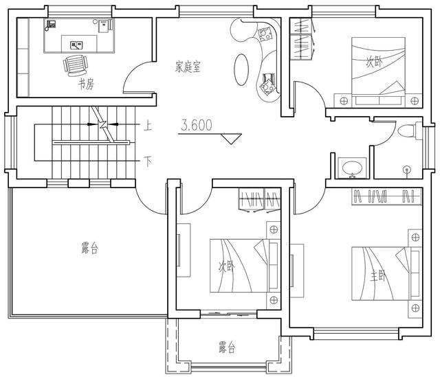 簡單實用造價不高的農村二層別墅設計圖，坐北朝南的庭院，南北通過主體建筑劃分為前后庭院。