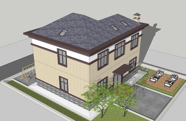 簡單實用造價不高的農村二層別墅設計圖，坐北朝南的庭院，南北通過主體建筑劃分為前后庭院。