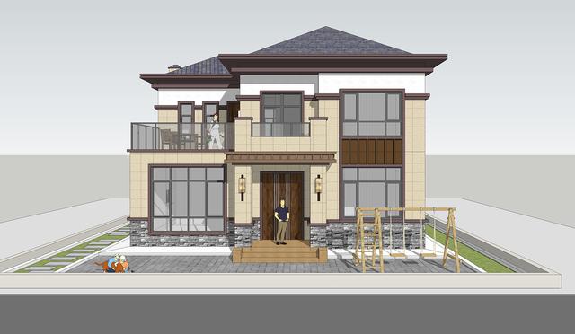 簡單實用造價不高的農村二層別墅設計圖，坐北朝南的庭院，南北通過主體建筑劃分為前后庭院。