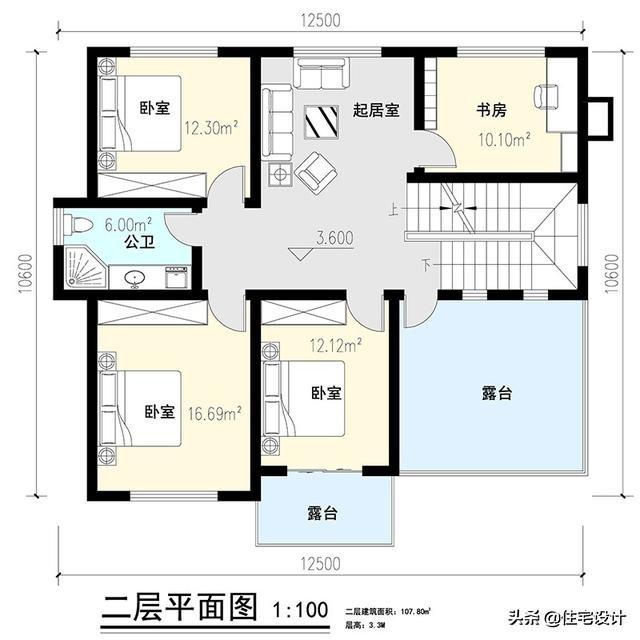 二層中式別墅帶露臺農村自建房設計圖，占地面積126平米，造價30萬左右。