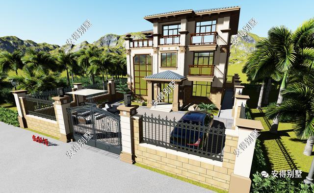 帶小院的3層歐式別墅設計圖，挑空大客廳大露臺，設計后的別墅總能起到事半功倍的效果。