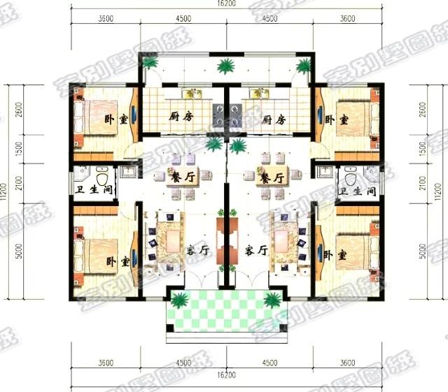 一層雙拼別墅戶型，左右對稱，布局上充分利用空間，特別適合農村兩兄弟建造