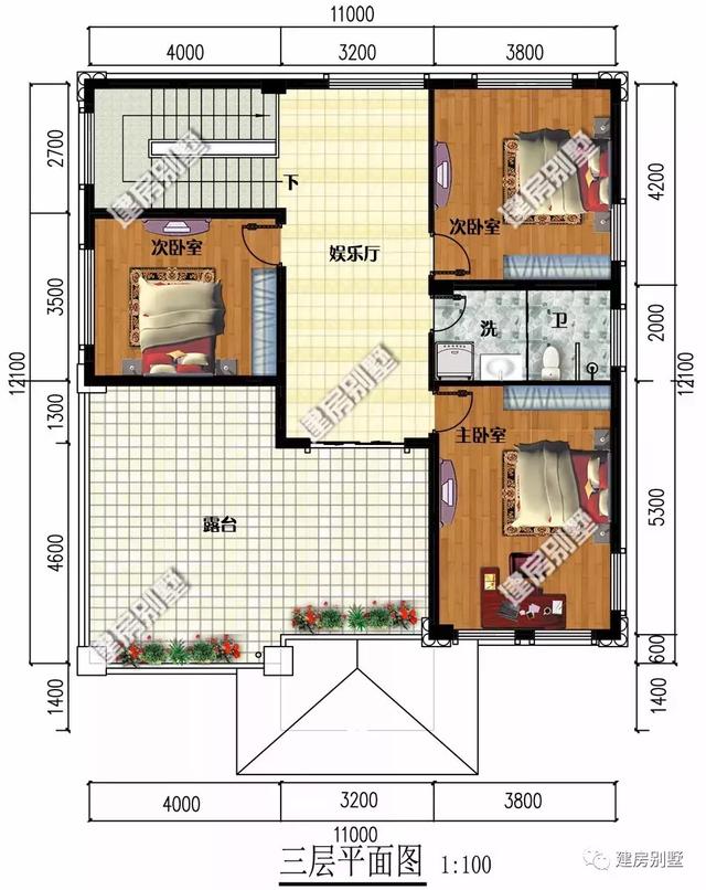 兩棟寬11米多的三層自建房設(shè)計(jì)圖，第一棟配多邊形窗，造型似城堡，總幻想著自己會變成公主，住進(jìn)城堡，遇到心愛的王子。