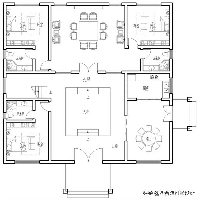 100萬建三層新中式挑空自建房設計圖，大戶人家的別墅，視野開闊，采光通風沒得說。