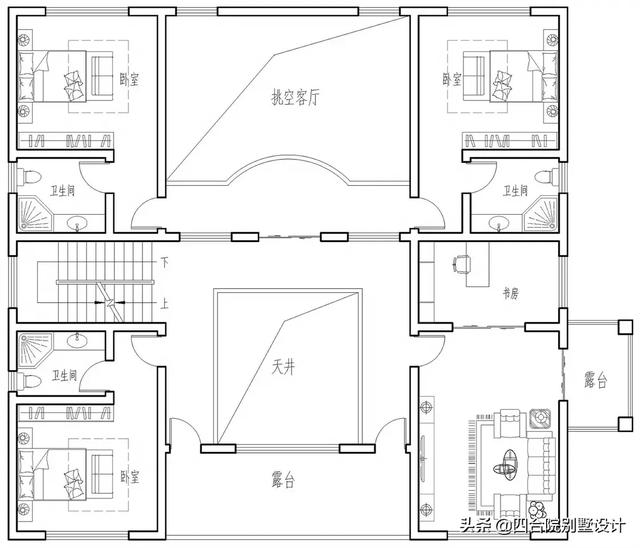 100萬建三層新中式挑空自建房設計圖，大戶人家的別墅，視野開闊，采光通風沒得說。