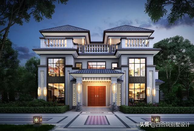 100萬建三層新中式挑空自建房設計圖，大戶人家的別墅，視野開闊，采光通風沒得說。