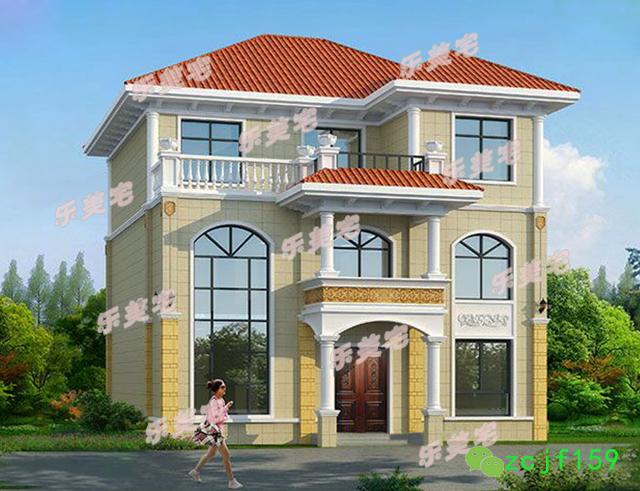 120平米簡約三層農(nóng)村三層自建別墅設(shè)計(jì)圖，羅馬柱裝飾，外觀精美，布局實(shí)用。