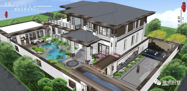 河北兩層新中式合院別墅設計圖，24x35米，前庭后院，小橋流水